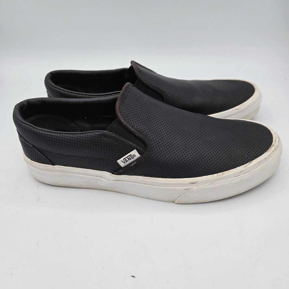 Vans Slip On Sneakers Black Perforated Leather Casual Shoes Women's 9